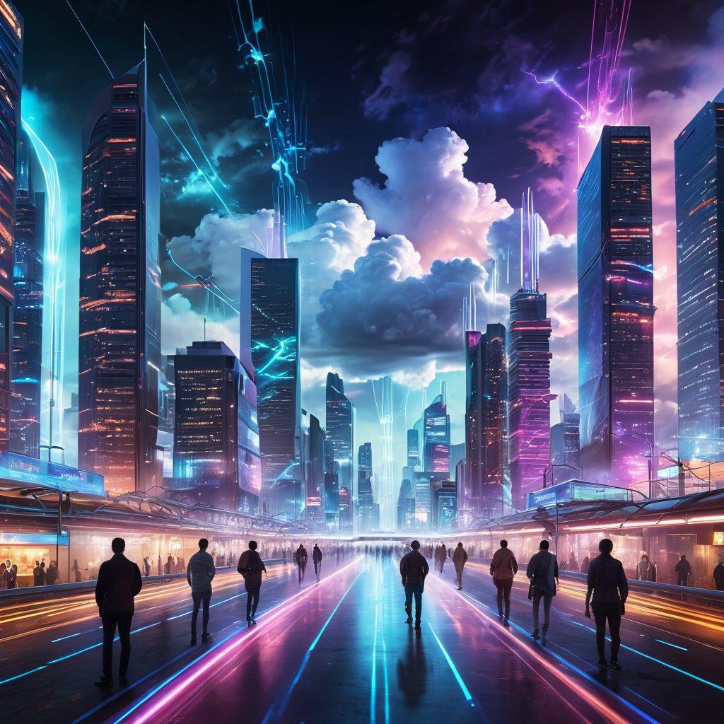 A futuristic cityscape with towering cloud-shaped data centers and beams of Wi-Fi signals radiating throughout the sky. People using various devices are connected through vibrant light trails representing data flow. Include holographic interfaces and glowing network maps to symbolize advanced network infrastructure. super-realistic. vibrant colors. cyberpunk.