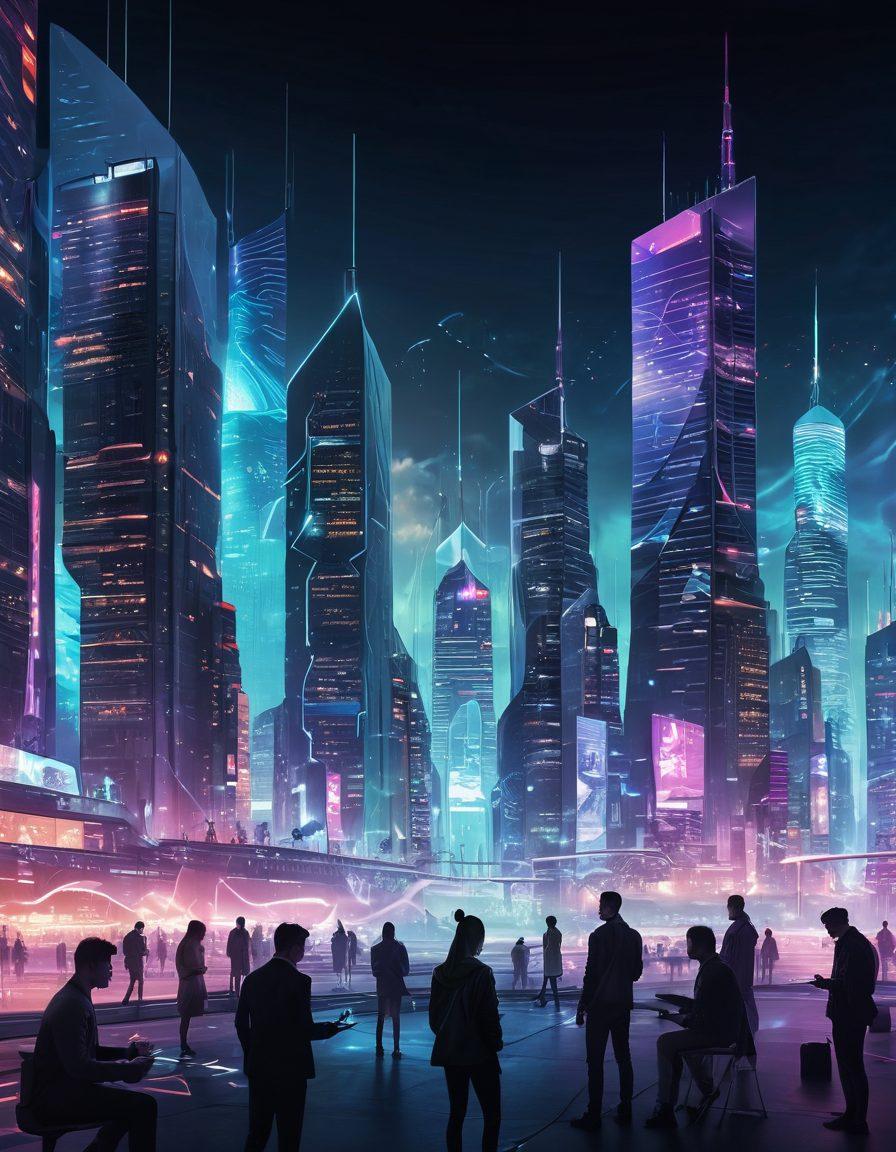 A futuristic cityscape showcasing various wireless technologies, with sleek skyscrapers adorned with antennas and glowing network signals connecting people. In the foreground, diverse individuals engage with smart devices, immersed in a digital lifestyle, surrounded by vibrant holograms representing connectivity solutions. The sky is illuminated with tech-inspired artwork, depicting digital waves and symbols of innovation. ultra-modern, vibrant colors, cyberpunk.