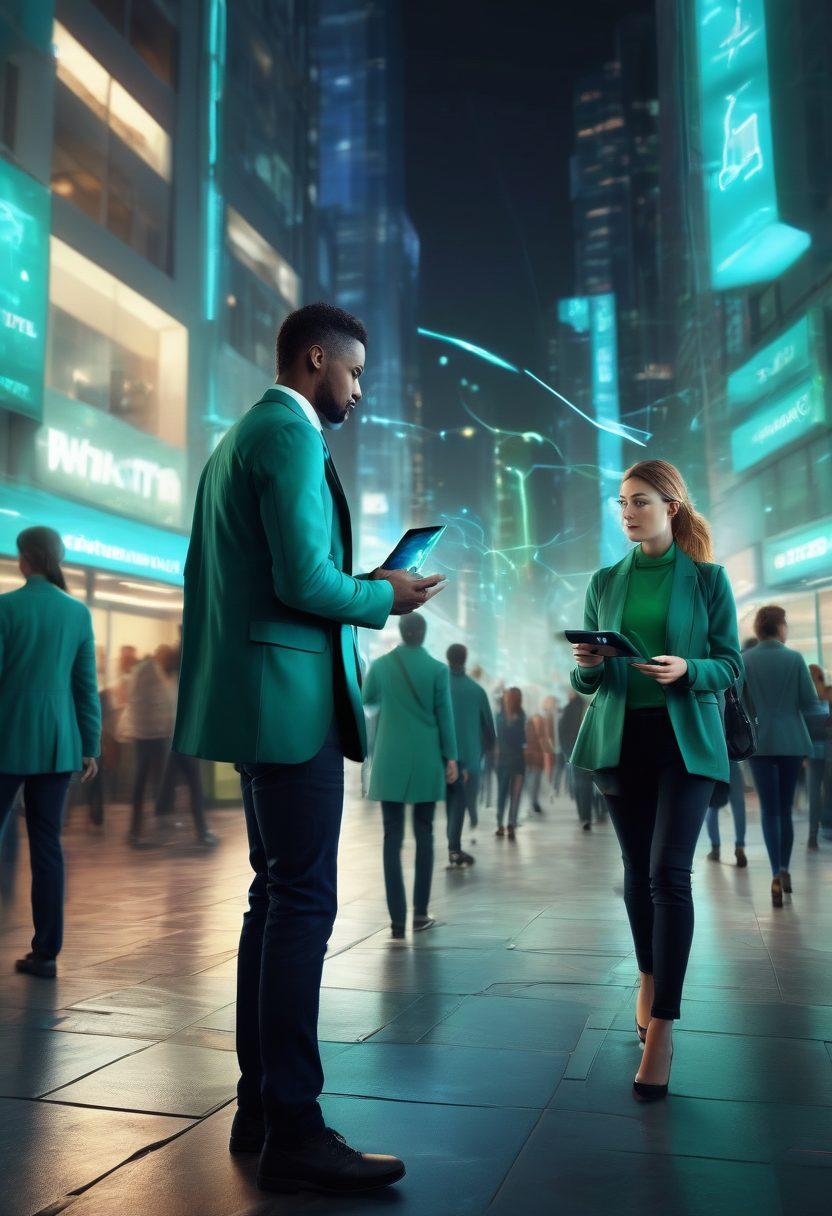 A dynamic scene depicting a diverse group of people using cutting-edge wireless devices in a sleek, modern environment. Show vibrant digital signals radiating from various gadgets, connecting seamlessly in a lively urban setting. Emphasize innovation with futuristic technology and a blue-green color palette. Include elements like smart devices, high-speed network graphs, and ambient lighting. super-realistic. vibrant colors. 3D.